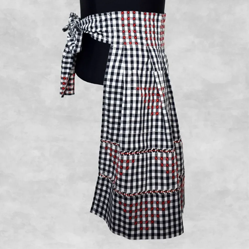 Vintage Black White Gingham Apron Cotton Red Embroidery Pocket 1950s Kitchen